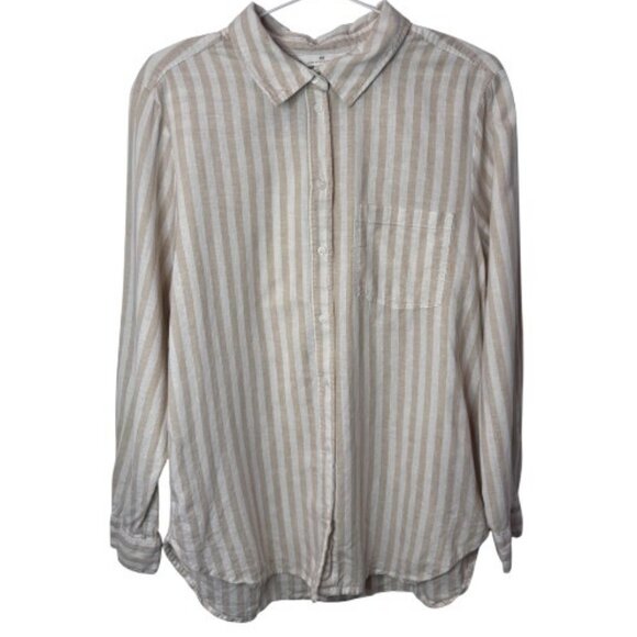 H&M beige striped linen blend long sleeve button down top size M - Picture 3 of 11